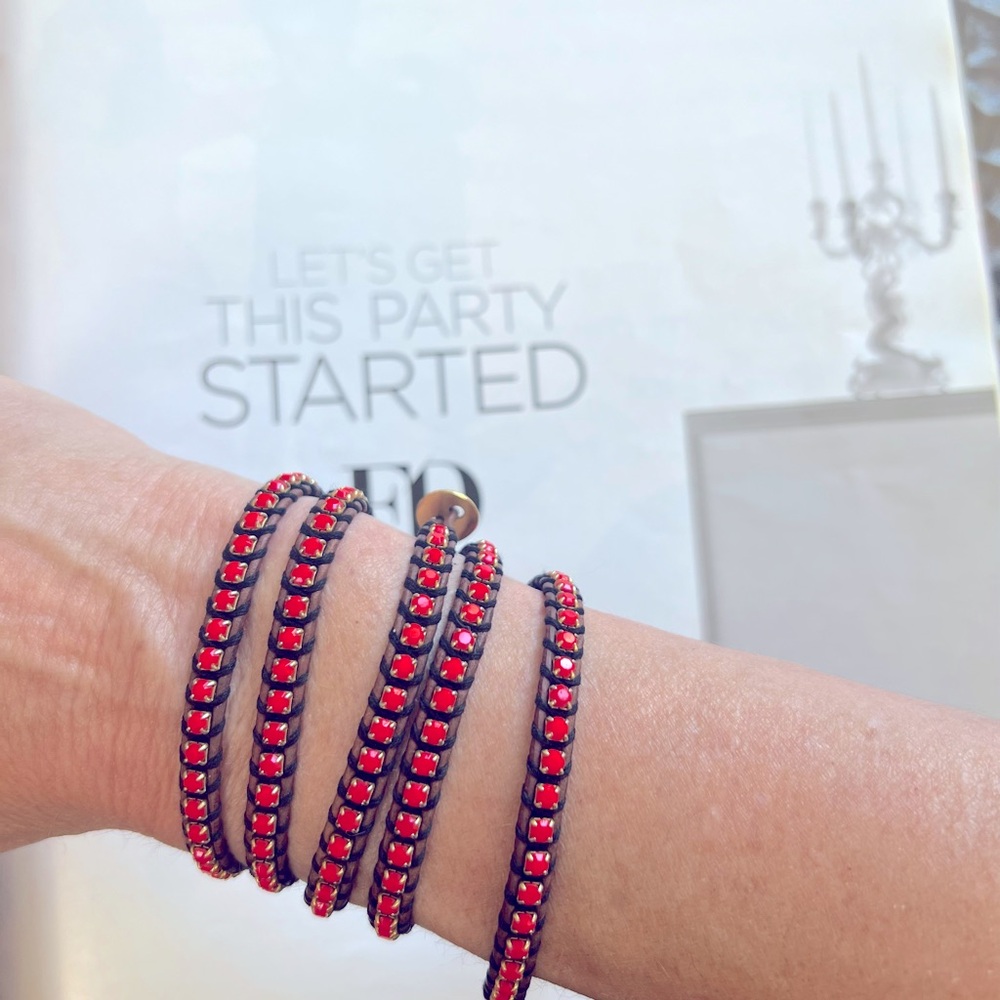 Chan LUU Brown and Red Braided Leather wrap Bracelet